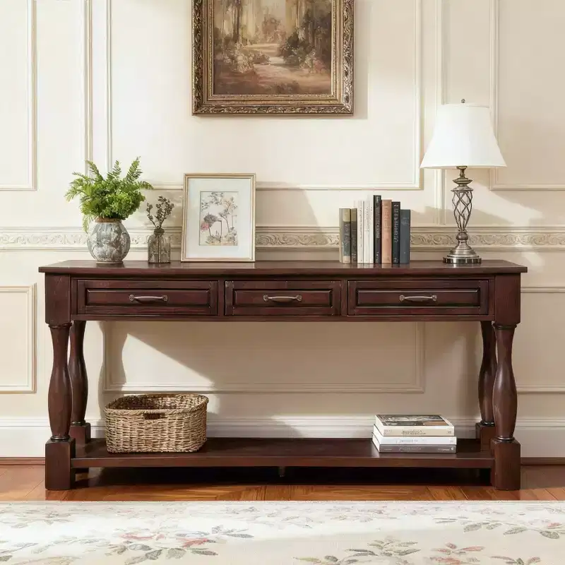 Hostack 63'' Long Wood Console Table Sideboard with 3 Drawers and 1 Bottom Shelf for Entryway and Hallway, Light Espresso