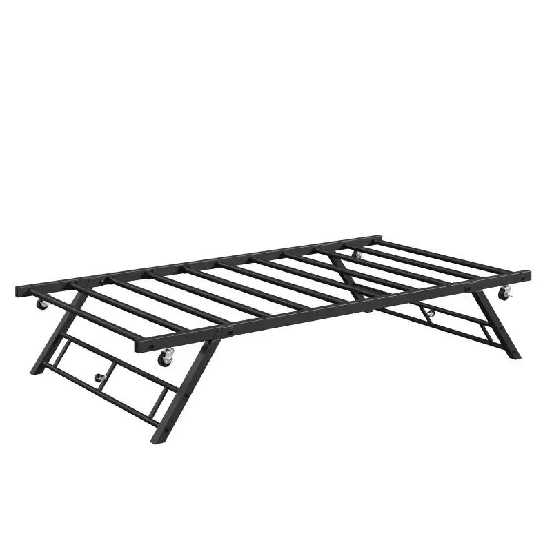 GustoWave Twin Size Pop Up Trundle Bed Frame, Trundle Day Bed with Lockable Casters, Foldable Metal Platform, 73.6''