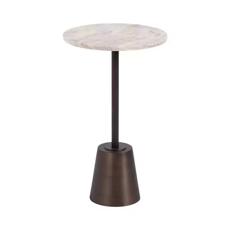 Kate and Laurel Tira Round Marble and Metal Side Table, Brown, 14x14x24