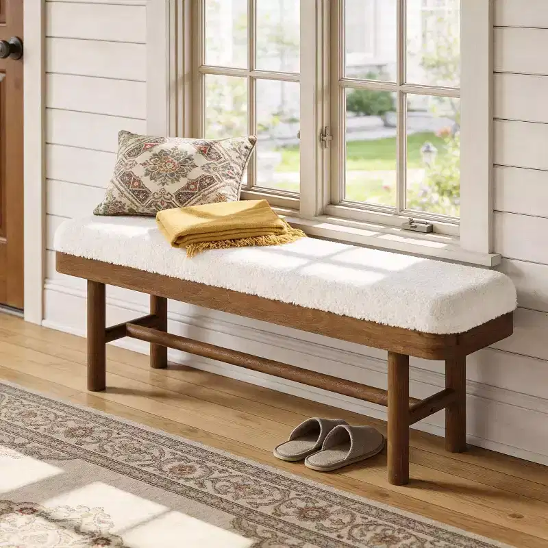 Lantine 55-Inch Solid Wood Entryway Bench, Rustic Upholstered Bench with Cushion for Dining Room, Mudroom, Porch, White & Brown, Easy Assembly