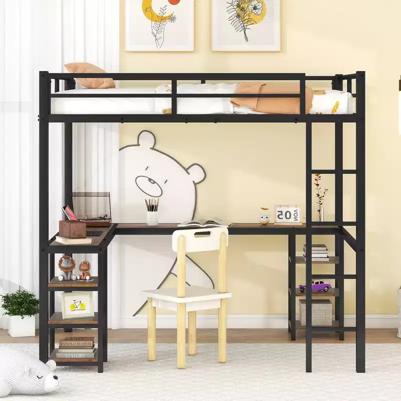 Full Metal Loft Bed with L-Shaped Desk and Shelves, Space-Saving with Ladder and Full Guardrails, Black/Vintage Wood
