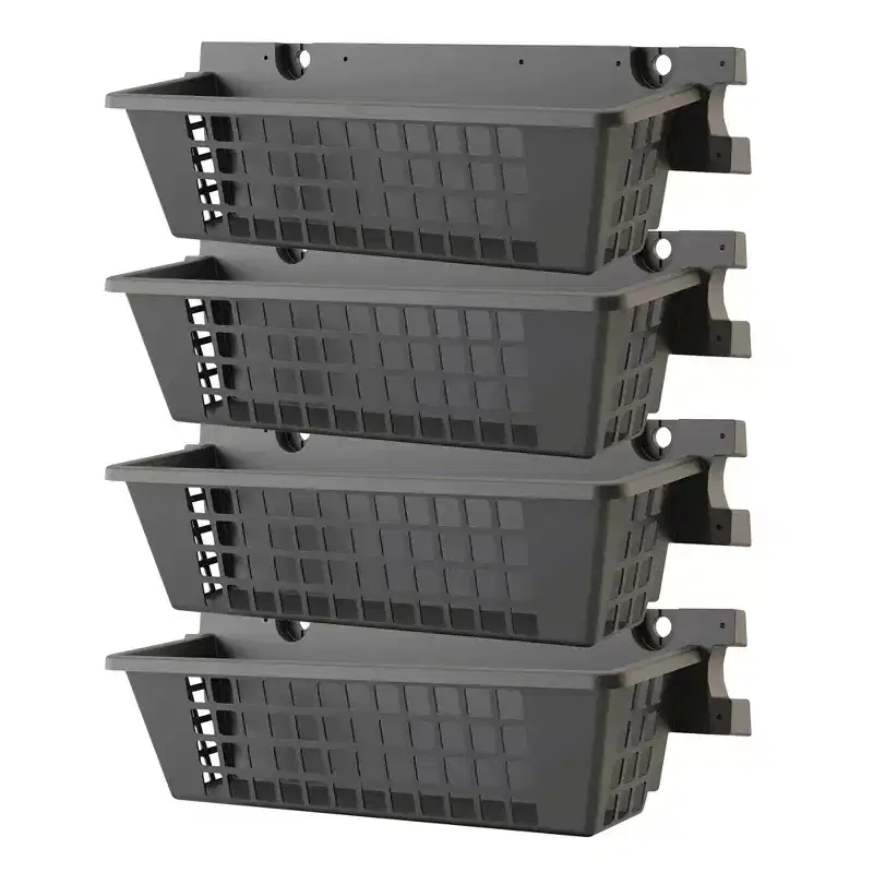 4-Pack Resin Shelf Baskets for Outdoor Shed, 25x7.25 Inch, 30 lbs Each, Black