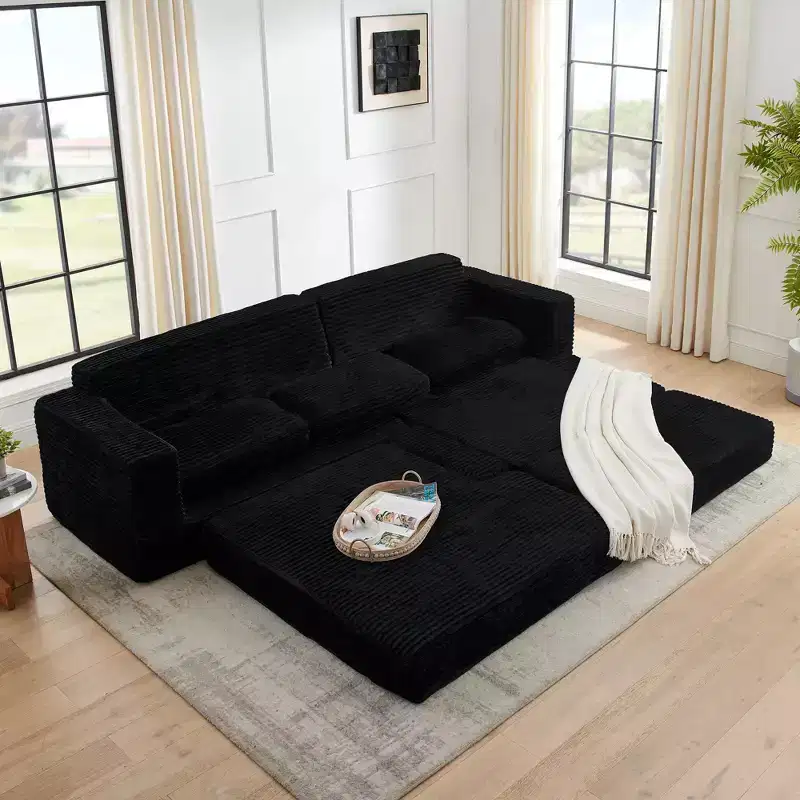 Black Corduroy L-Shape Modular Sectional Sofa, Convertible Sleeper Couch for Living Room