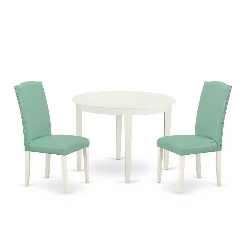 Round Dining Table Set 3pc French Country Kitchen Table & Chairs Linen White Legs Pond PU Leather