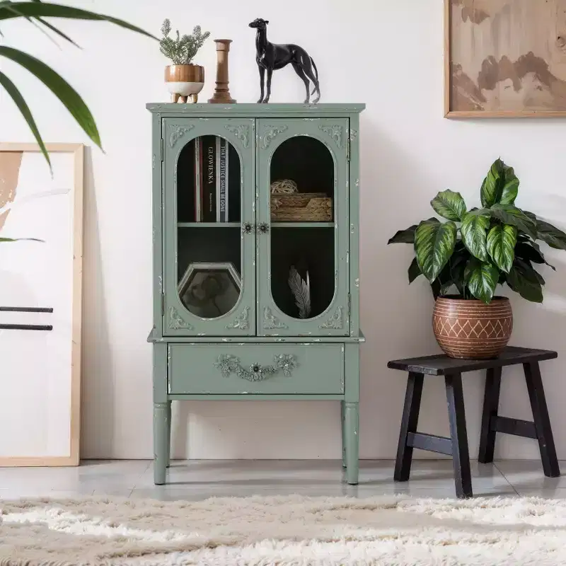 Antique Mint Green Accent Sideboard Cabinet with 2 Glass Doors and 1 Drawer for Kitchen and Dining Room
