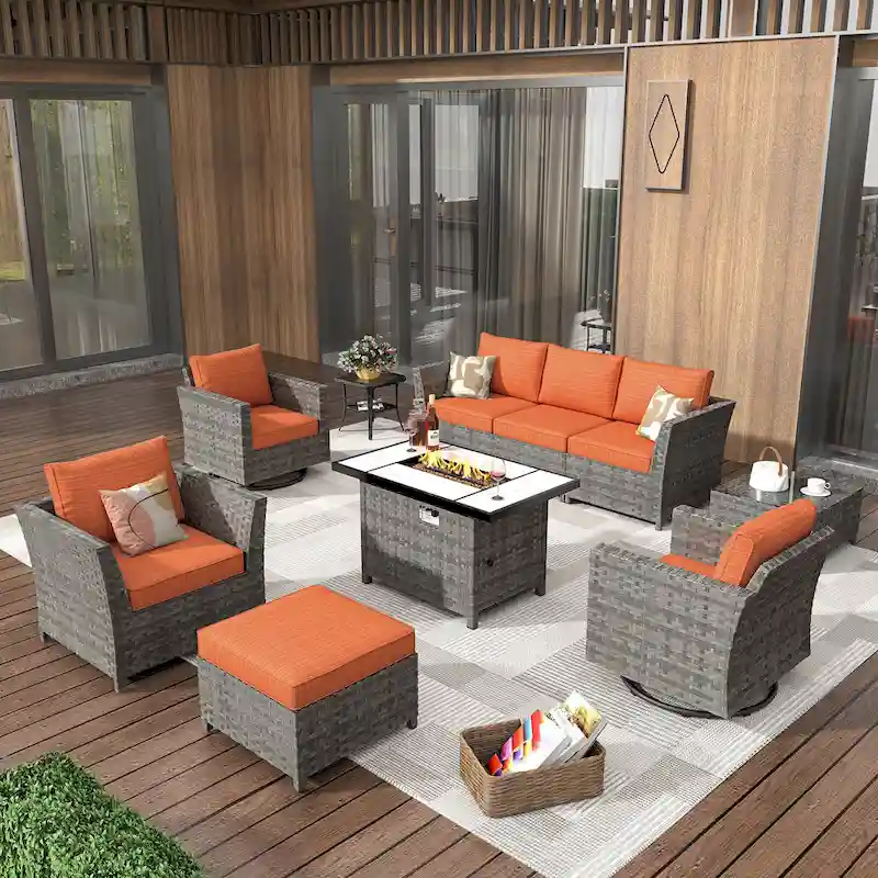 HOOOWOOO 10-piece Wicker Patio Furniture Outdoor Sectional Sofa Set with Fire Pit