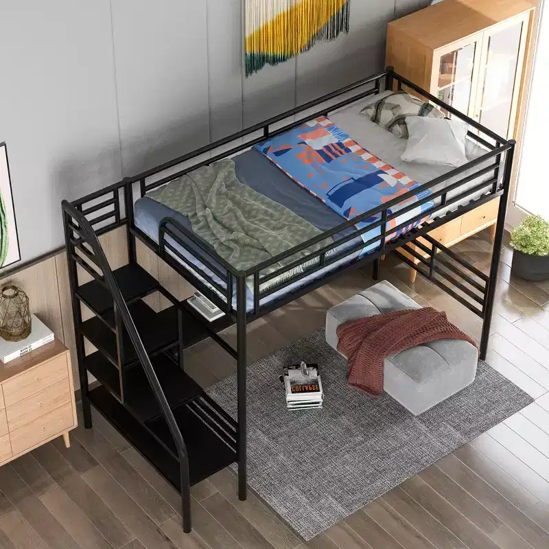 Whisen 94.40''L  41.40''W  71.70H Industrial Style Twin Size Metal Loft Bed Frame with Built-in Desk and stairs - Black