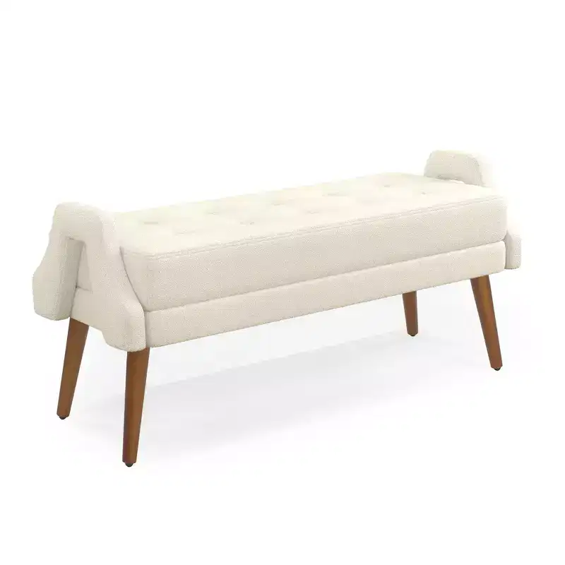 Modern Bench with Soft Cushion, Geometric Armrests, and Hardwood Legs