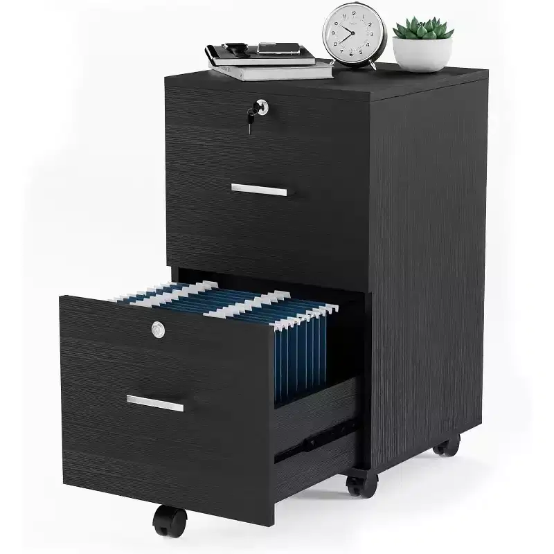 VINGLI 2-Drawer File Cabinet with Lock, Small Rolling Wood Filing Cabinet for Hanging Letter Size Filings with Tabs, Mobile Under Desk File Organizer