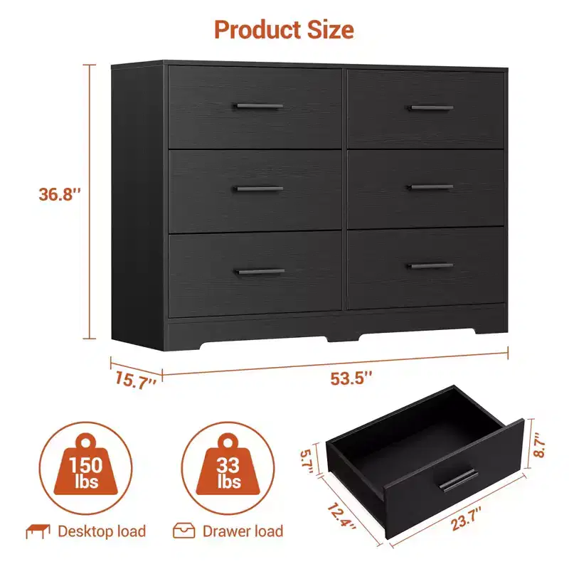 Chest of Drawers w/6 Drawers, Modern Drawer Dresser Durable Structure with Deep Drawers, Anti-Tipping Device for Home, Office, Living Room