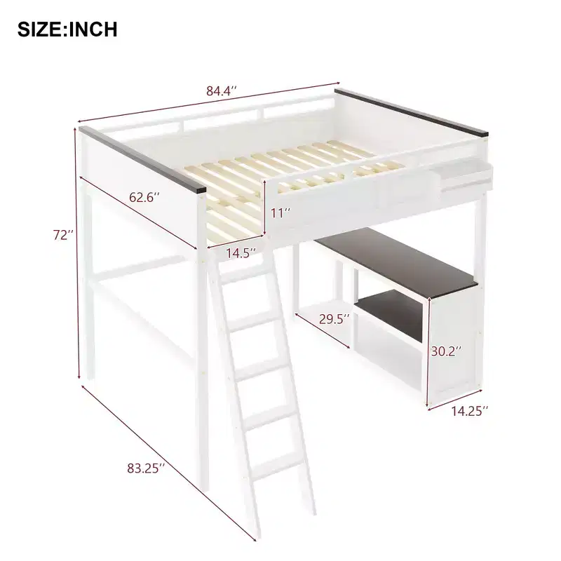Queen Size Loft Bed with Built-in Desk and Shelves, Space-Saving Wooden Loft Bed Frame with Storage Box and USB, White