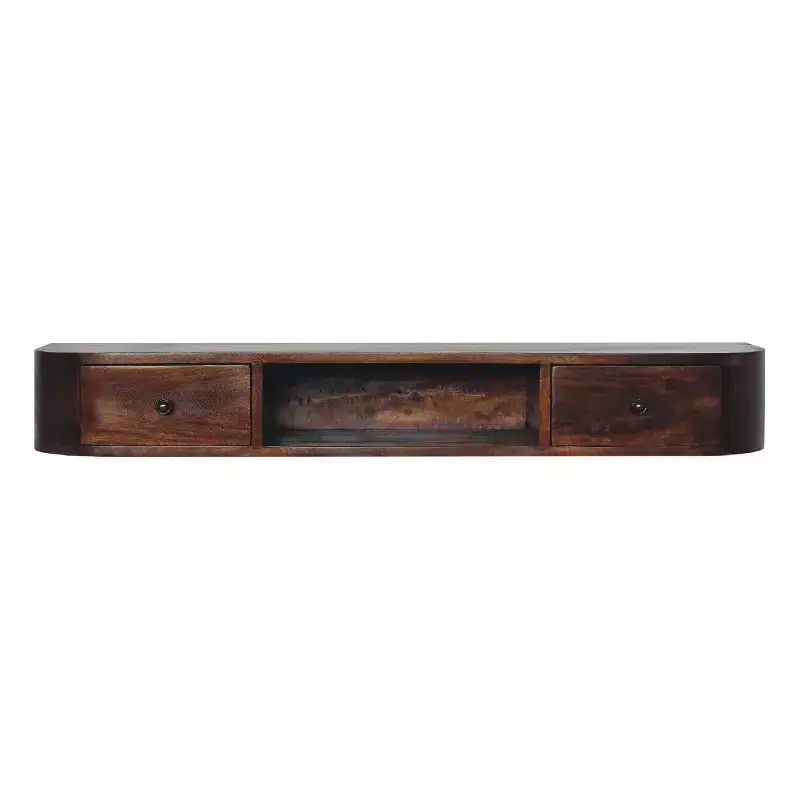 HomeRoots 43 Chestnut Solid Wood Floating Console Table With Shelf And Two Drawers