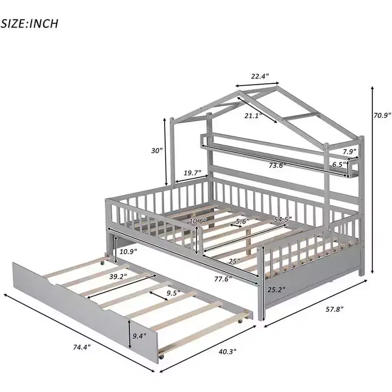 Full Size House Bed Frame for Kids with Storage Drawers, Safety Rails, and Roof Design