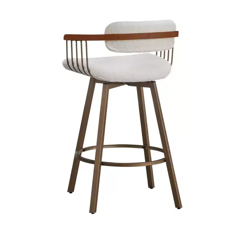 Swivel Counter Height Barstool White/Antique Gold: Upholstered Boucle, Metal Frame, Fixed 26.96"