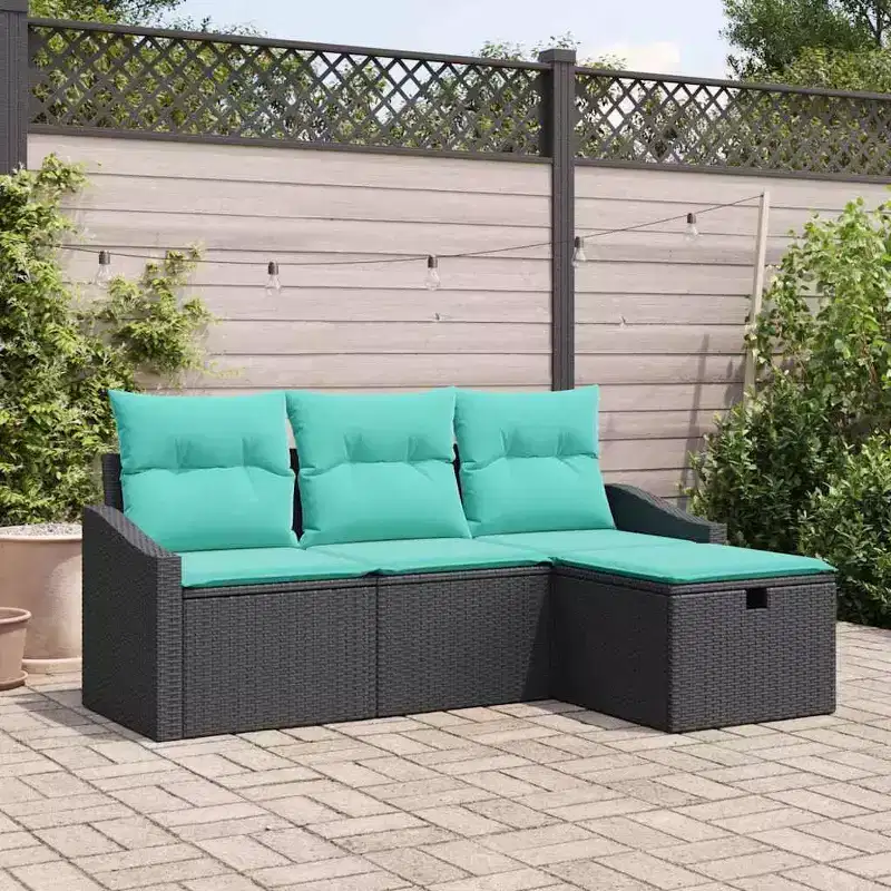 vidaXL Garden Sofa Set with Cushion 4 pcs Black Poly rattan - Black Blue