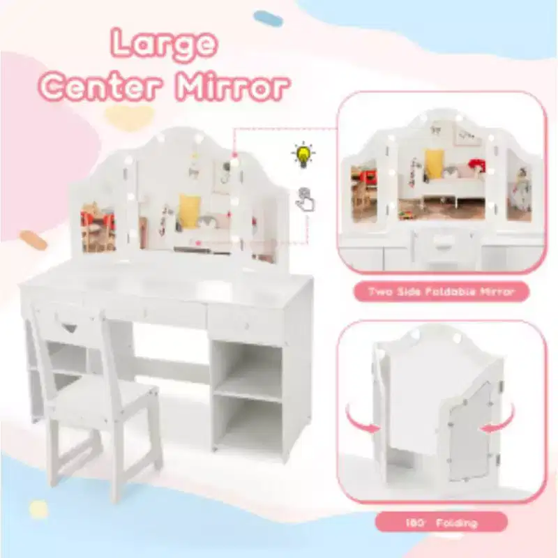 MDF Kids Vanity with 3 Drawers + 3-Color Bulbs (1 Set