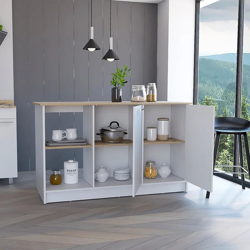 Kitchen Island, Four Open Shelves, Two Cabinets -Light Oak / White