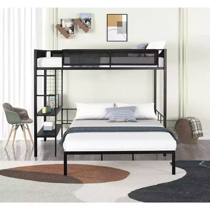 Twin Over Full Bunk Bed Frame with Grid Panel and 2-Tier Shelves, Metal Bunk Bed with Built-in Ladder and Full-Length Guardrail Black