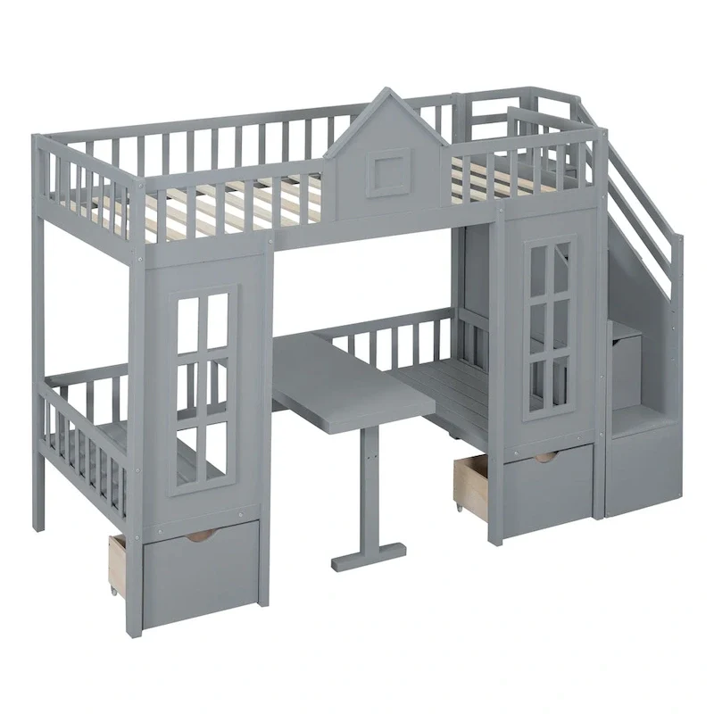 Twin Over Twin Bunk Bed with Convertible Desk - Gray