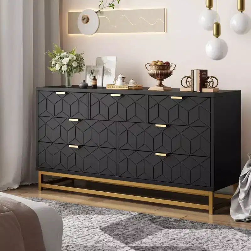 Dresser for Bedroom, 53.5 Wide Dresser Organizer, 7 Drawer Dresser with Golden Metal Handle and Legs, Modern Chest of Drawers, Large Dresser
