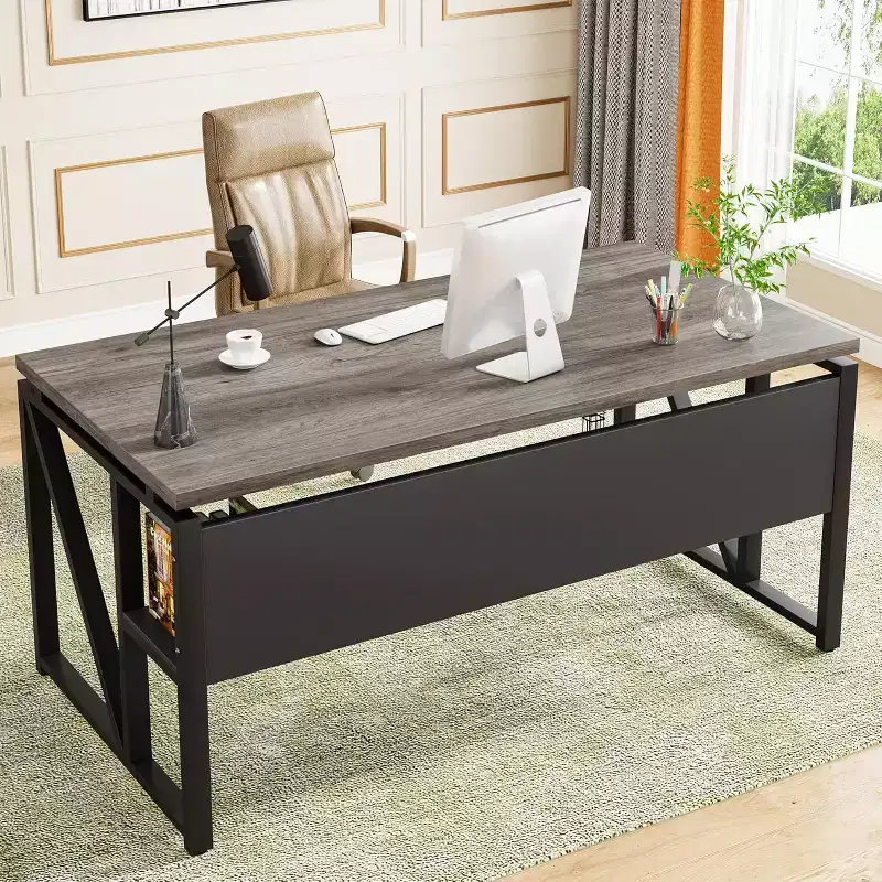 Lantine 55-Inch Computer Desk with Bottom Storage Shelf, Home Office Writing Table for Workstation, Dark Oak, Steel Legs