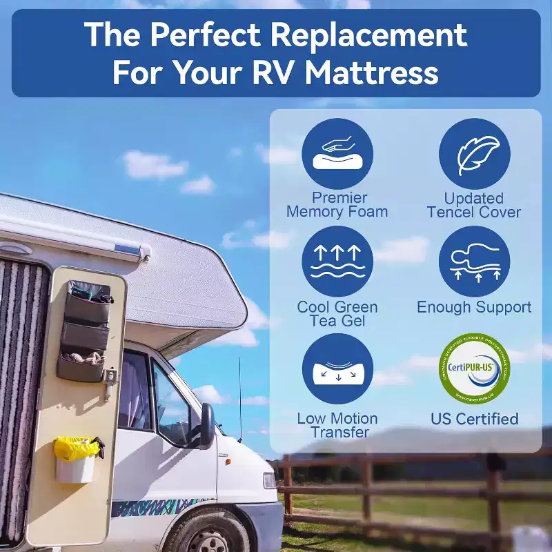 Dyonery 10 RV Mattress Cooling Green Tea Gel Memory Foam, Tencel Cover, Medium Firm & CertiPUR-US Certified for Campers/Trailers (Bed-in-a-Box)