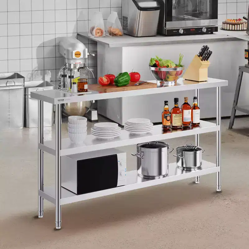 VEVOR Stainless Steel Food Prep Table, 14 x 60 x 34 Inch Commercial Kitchen Worktable, with 2 Adjustable Undershelf, Heavy Duty Prep Table