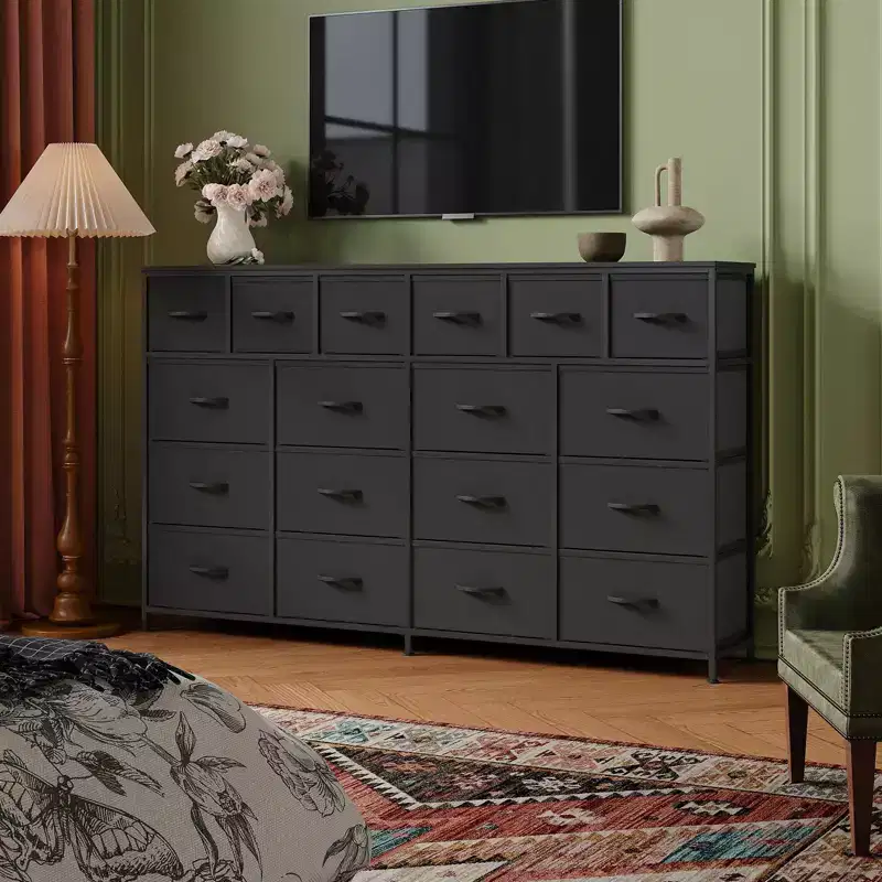 63''W Dresser with 18 Fabric Drawers Dresser for Bedroom with Charging Station, Lager Sturdy Bedroom Dressers, Steel Frame, 63 W*39 H*11.8 D