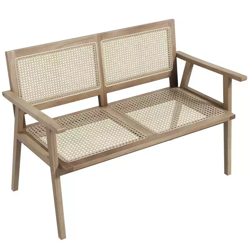 Costway Indonesia Teak Wood Garden Bench 2-Person Bench with Armrests Natural Rattan Backrest & Seat