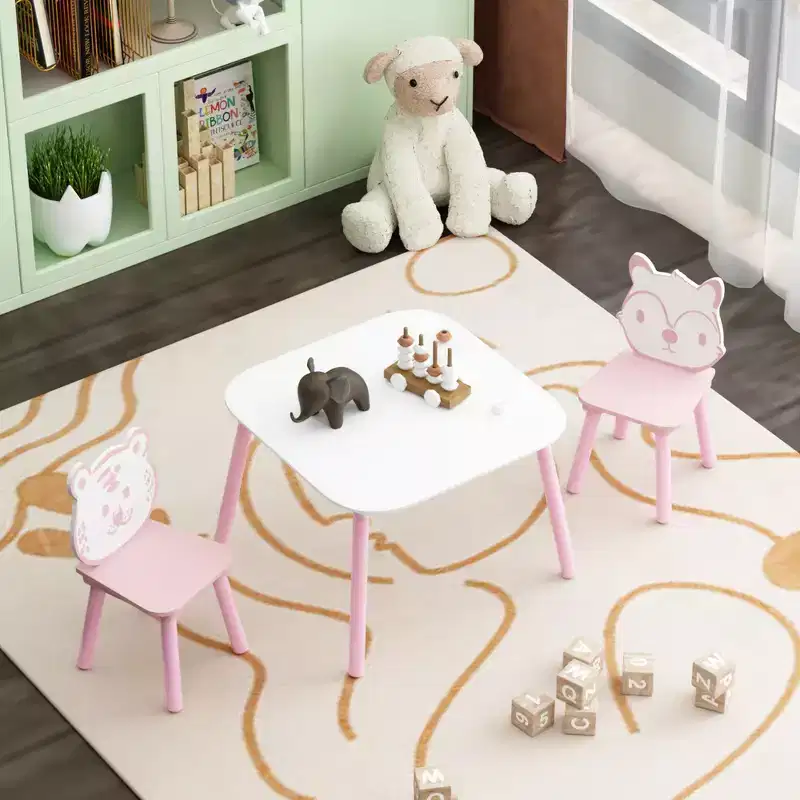 Whisen Kids Table and Chair Set, 3-Piece Wooden Toddler Desk with Animal Backrest - Pink & White