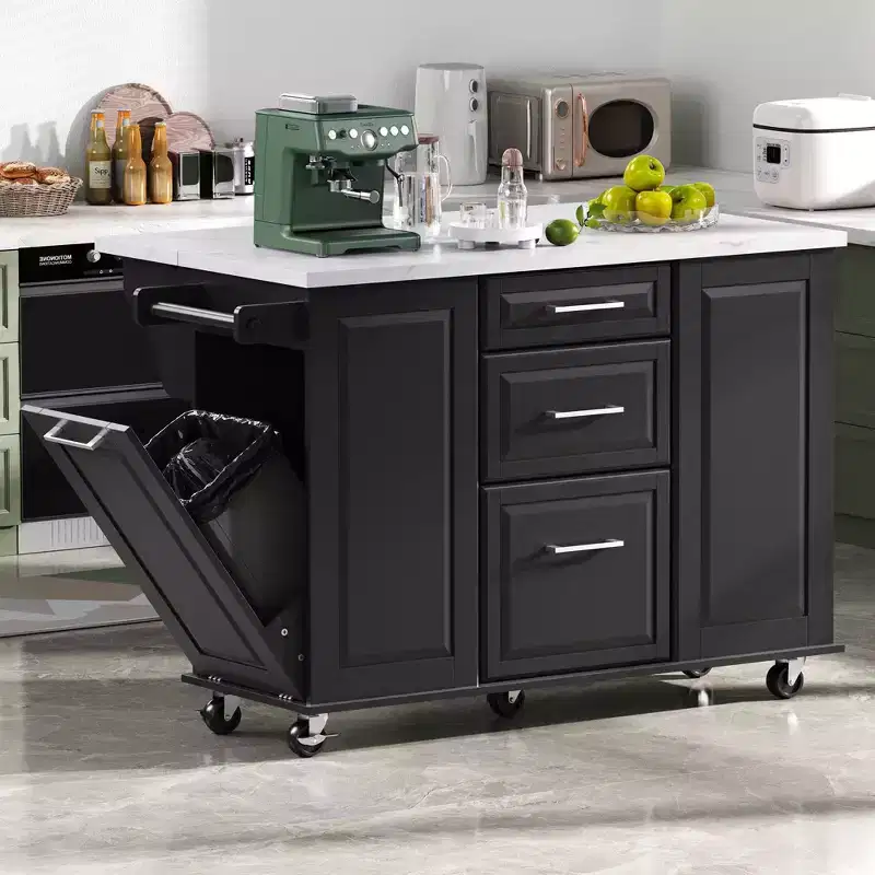 Kitchen Island with Drop Leaf & Pull-Out Trash, Rolling Cart with Wheels & Drawers, Storage Cabinet Folding Dining Table