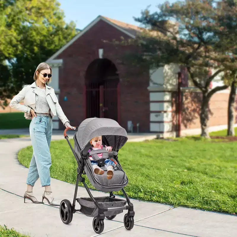 Convertible stroller, foldable stroller, 3-in-1 reversible stroller with adjustable backrest and canopy, windproof footmuffs, safety belt