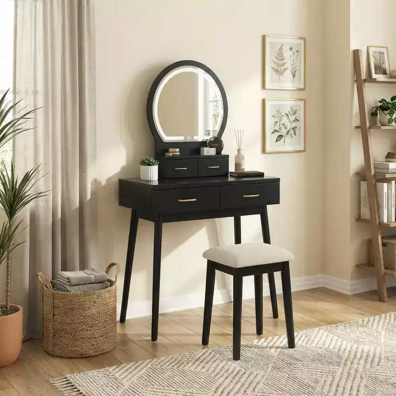 GDFStudio Charlotte Modern Wood Makeup Vanity Desk Set with LED Lighted Mirror, Storage Drawers and Stool