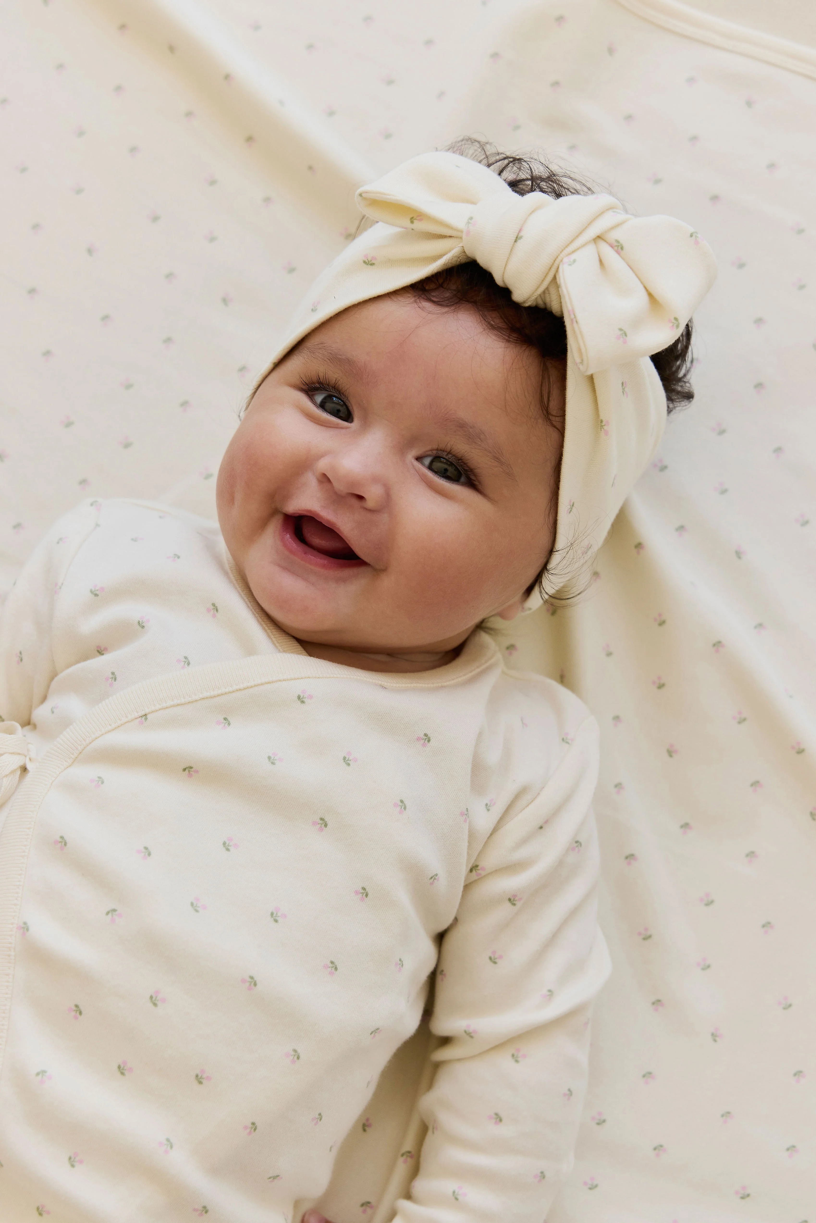 Delicate Cream Cherry-Print 100% Organic Cotton Wrap Onepiece with Side Snap Closure for Easy Changing NB–2Y