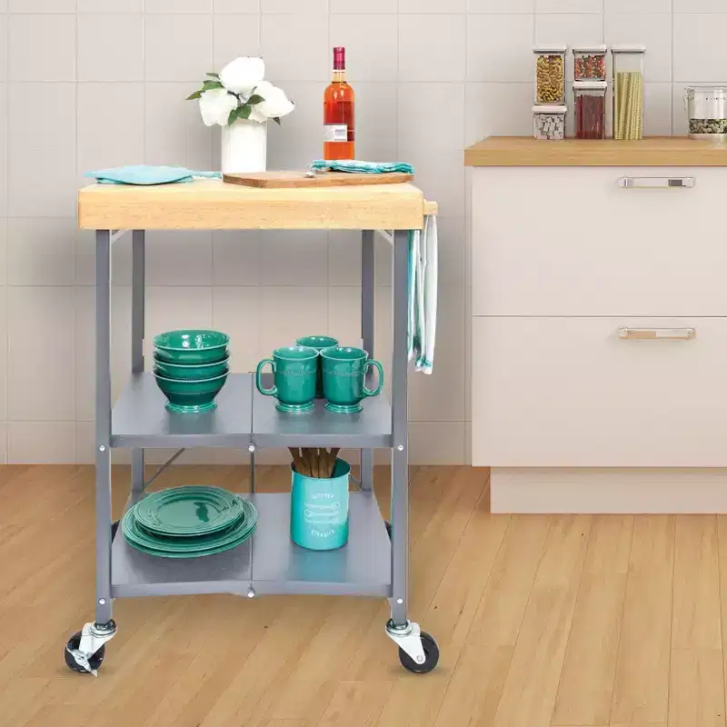 Foldable Kitchen Island Cart, Wheeled Rolling Storage Cart with 2 Shelves, Portable Prep Table for Kitchen, Dining Rooms, and Patios