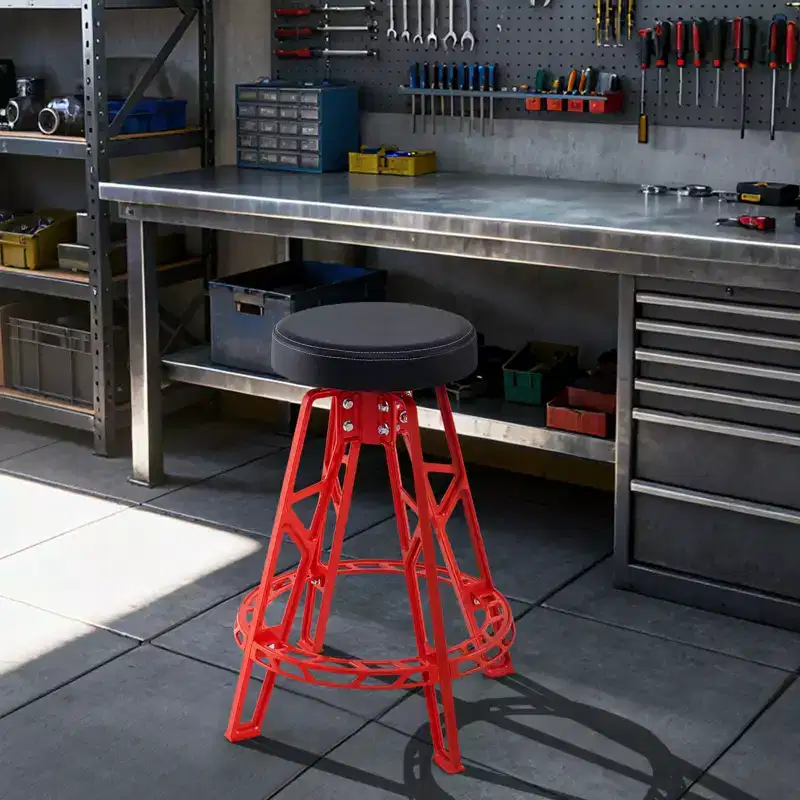 28 Inch Swivel Shop Stool with Round Padded Seat for Workshop and Auto Repair, Red & Black