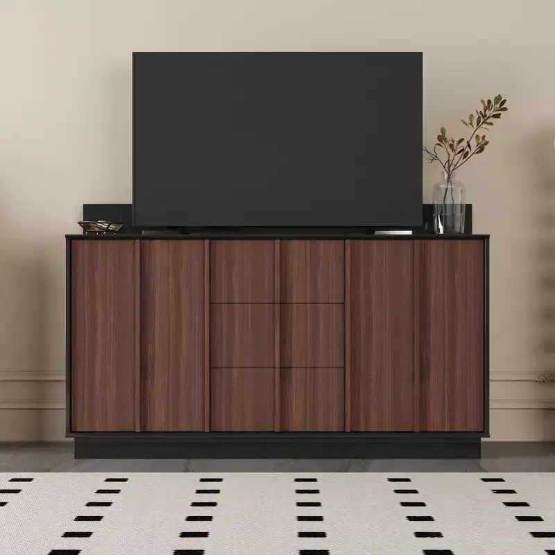 Multifunctional Storage Cabinet TV Stand with Sliding Outlets Black Gloss & Wood Finish Entertainment Center