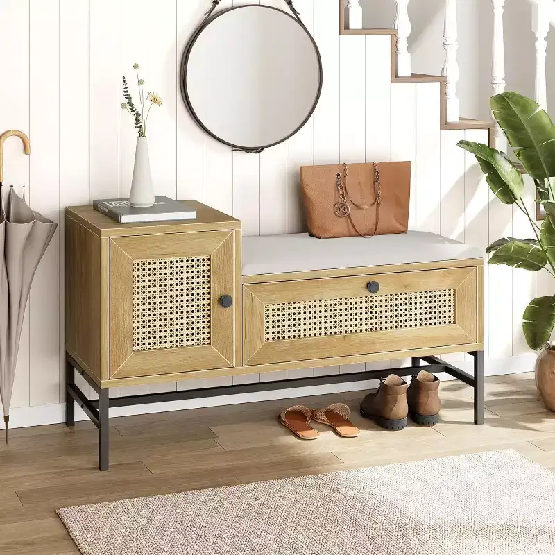 Rattan Shoe Bench with Storage, Entryway Bench with Flip Drawer Shoe Cabinet, Show Storage Bench for Hallway and Bedroom