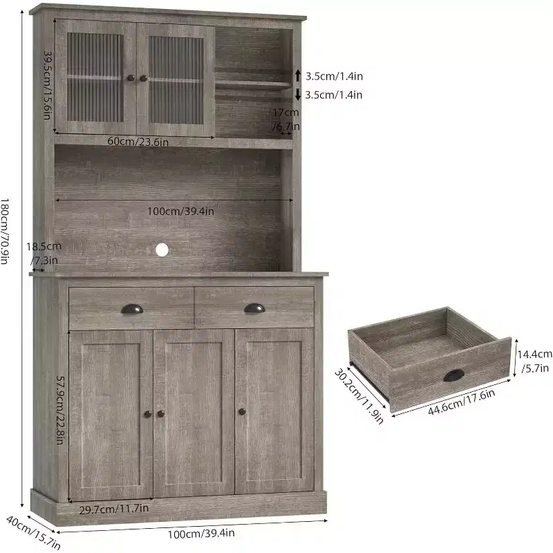 COZONY 71 Tall Pantry Cabinet with Doors & Drawer, Farmhouse Hutch with Microwave Stand & Anti-Tip