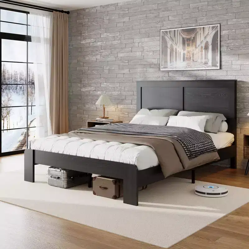 Bed Frame, Full/Queen/King Size Wood Platform, Noise Free,No Box Spring Needed and Easy Assembly Tool,Large Under Bed Storage,Dark Black