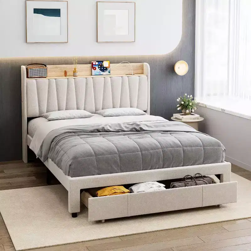 King Size Upholstered Platform Bed Frame with Storage Headboard, Charging Station & Drawers