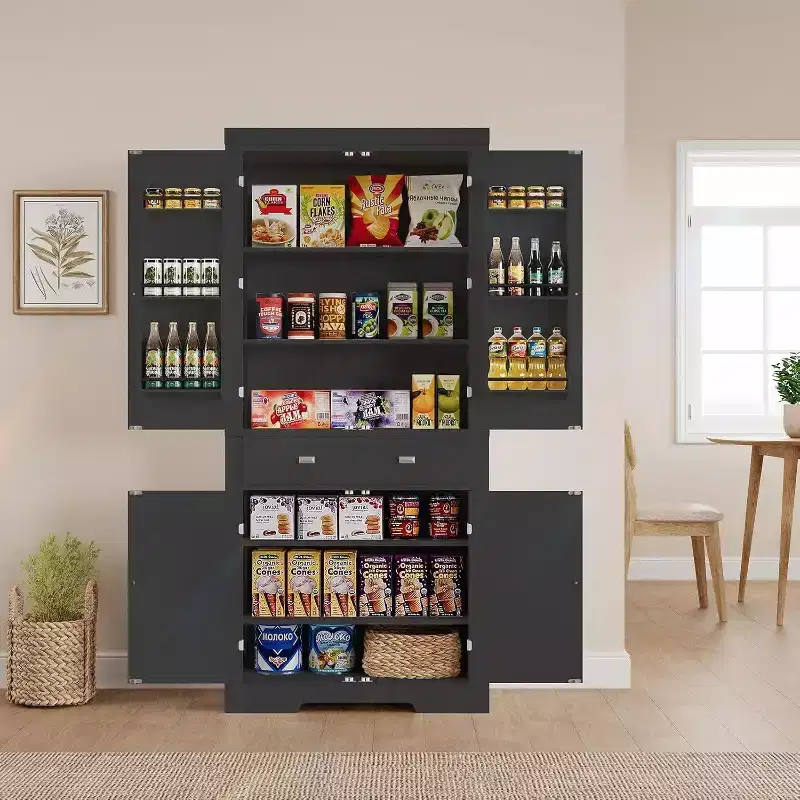 Black / White Farmhouse Kitchen Pantry Cabinet, 4-Door Freestanding Storage Cupboard