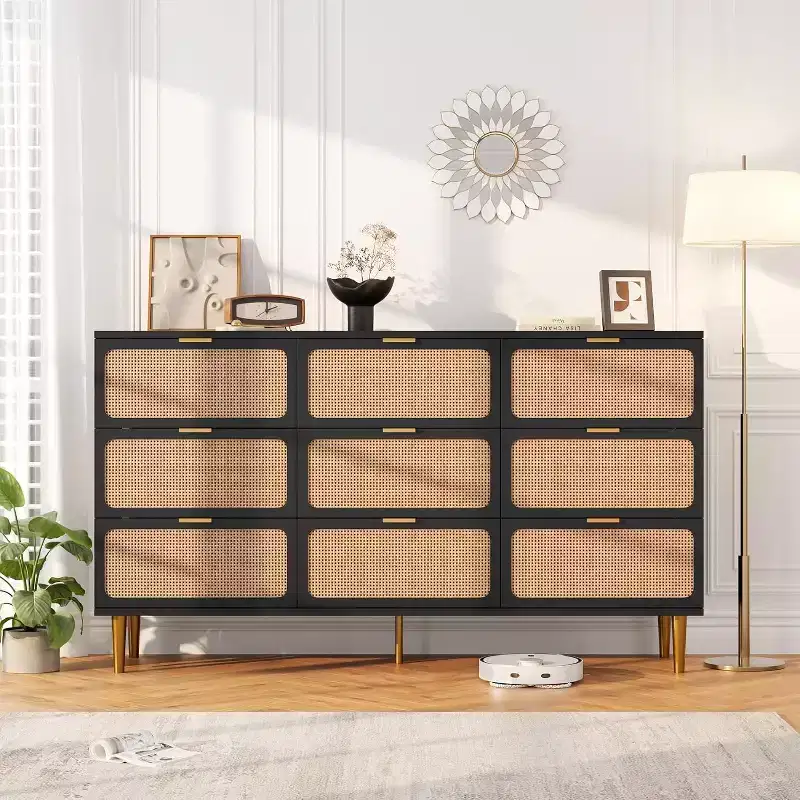 9-Drawer Tall Rattan Dresser - Modern Wooden Chest with Deep Storage & Wide Top for Bedroom, Living Room, or Hallway