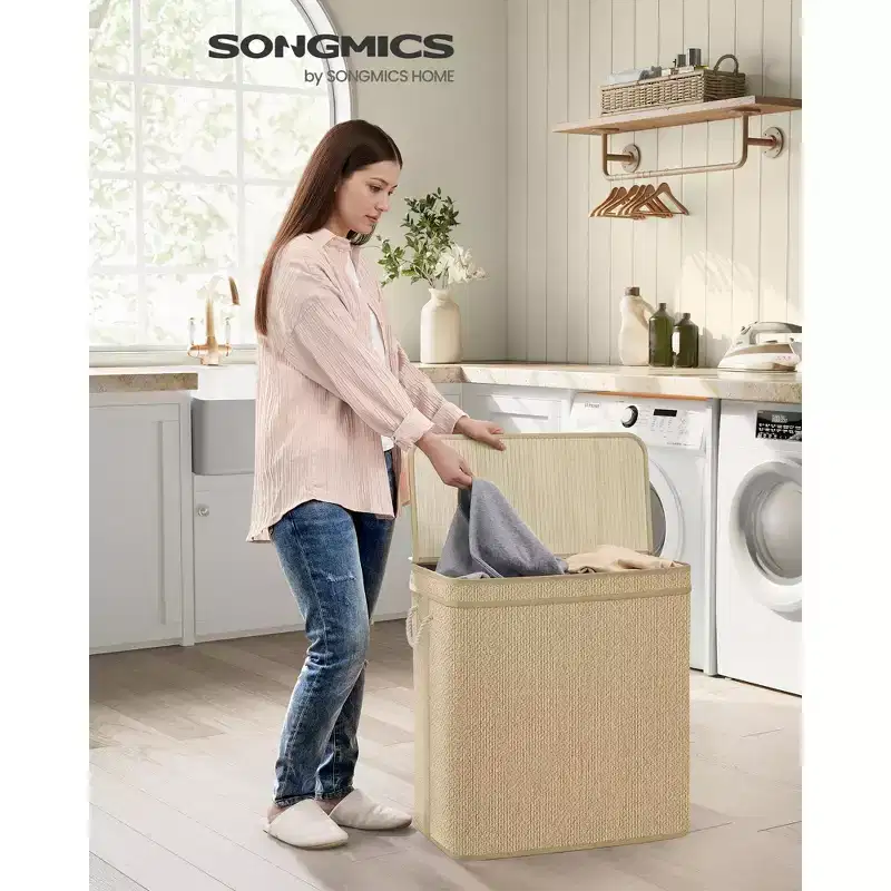 2-Section Laundry Hamper with Removable Washable Bags, 34.3 Gallon Bamboo Storage with Lid, Natural Color