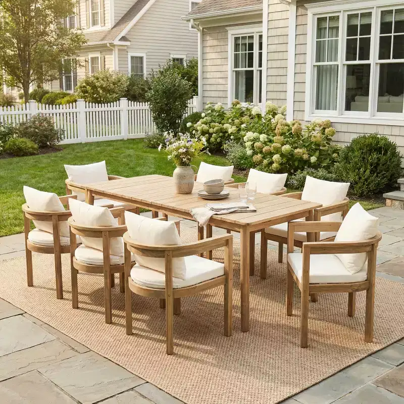 Christopher Knight Home Irene Rustic 9 Piece Outdoor Acacia Wood Dining Set with Curved Backrest Chairs and Cushions