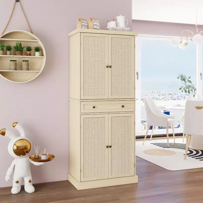 Okak Tall Cabinet with 4 Rattan/Carved Doors, Storage Cabinet with 1 Drawer and 4 Adjustable Inner Shelves, Accent Cabinet for Living Room, Bedroom