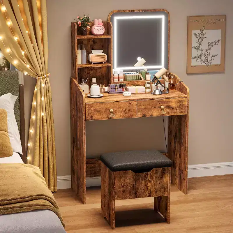 Vanity Desk with LED Mirror and Charging Station, Makeup Table with Storage Drawers and Stool, 3 Lighting Modes for Bedroom, Retro Brown