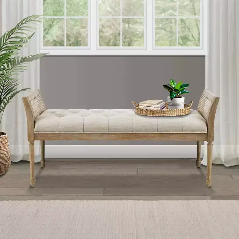 Tufted Linen Accent Bench Natural with Cane Arms and Turned Legs