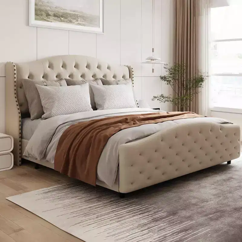 Queen Size Velvet Tufted Platform Bed Frame with Wingback Headboard - Wood Slat Support, No Box Spring Needed, Beige Upholstered Bed