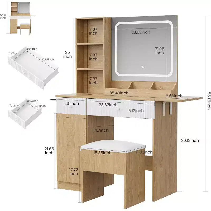 Vanity Table with LED Lights & Charging Station  Makeup Table with Mirror, Drawers, Storage Stool & Power Outlets